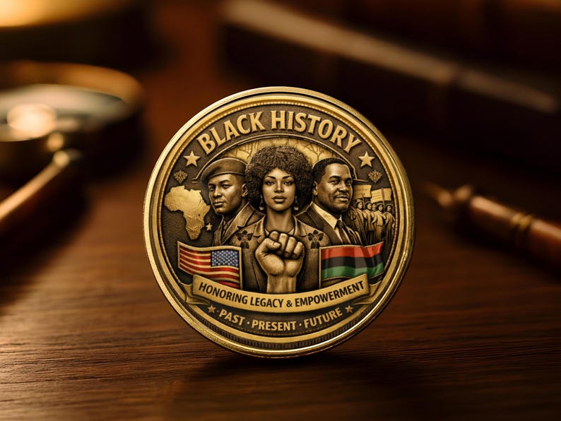Black History commemorative coin with vintage antique gold design and detailed African American heritage artwork