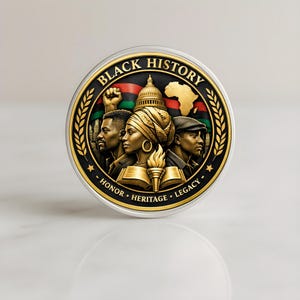 Flat surface Black History metal coin featuring laser engraved artwork, collectible historical keepsake