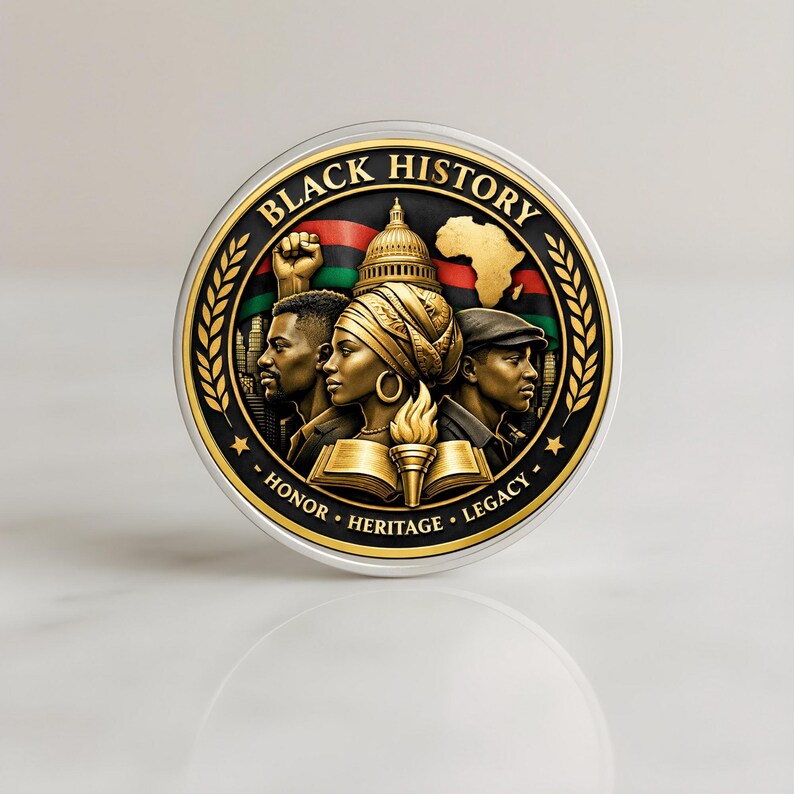 Flat surface Black History metal coin featuring laser engraved artwork, collectible historical keepsake