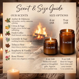 May include: A candle scent and size guide with two lit candles in glass jars. The guide lists scents like Amber & Oakmoss, Citrus & Sage, and Rose Flower. Size options are 4 oz and 9 oz jars. The text reads "Scent & Size Guide."
