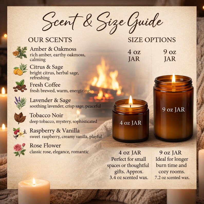 May include: A candle scent and size guide with two lit candles in glass jars. The guide lists scents like Amber & Oakmoss, Citrus & Sage, and Rose Flower. Size options are 4 oz and 9 oz jars. The text reads "Scent & Size Guide."