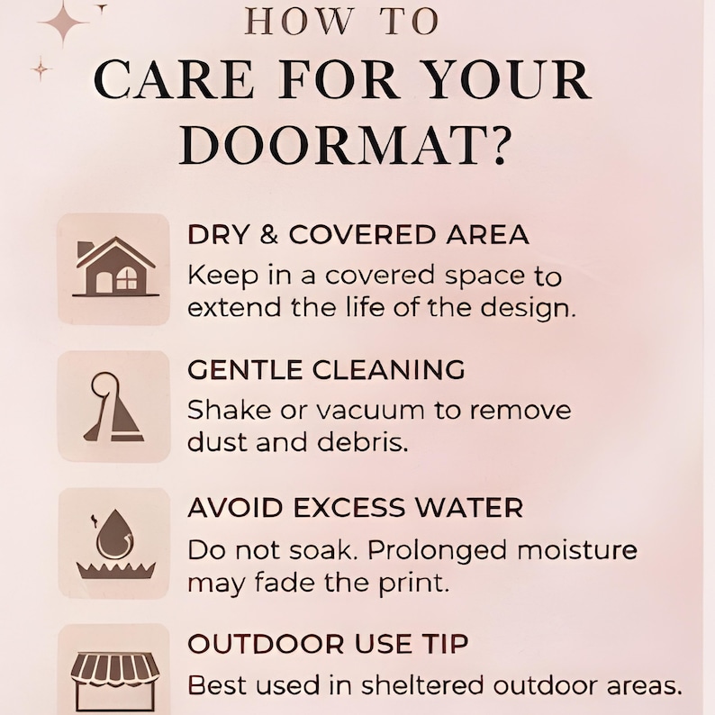 May include: A light pink informational graphic titled HOW TO CARE FOR YOUR DOORMAT? with four icons and instructions: Dry & Covered Area, Gentle Cleaning, Avoid Excess Water, and Outdoor Use Tip, explaining how to maintain the doormat's design.