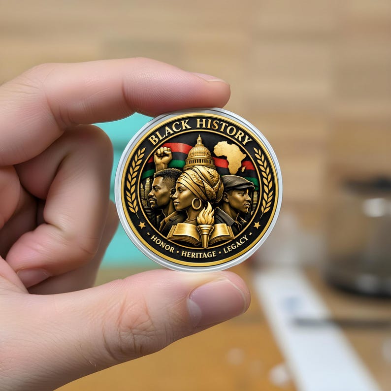 May include: A round, gold-colored coin with a white border, featuring the words "Black History" and the phrases "Honor, Heritage, Legacy." The coin's center depicts three figures, a map of Africa, and a building.