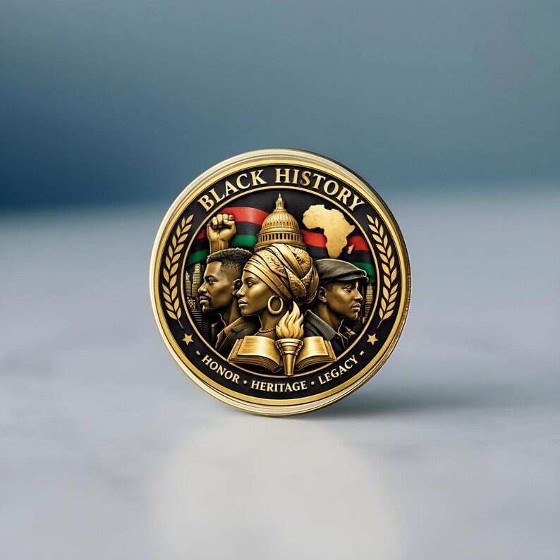 Detailed view of laser engraved Black History coin with smooth edges and polished gold look on dark background