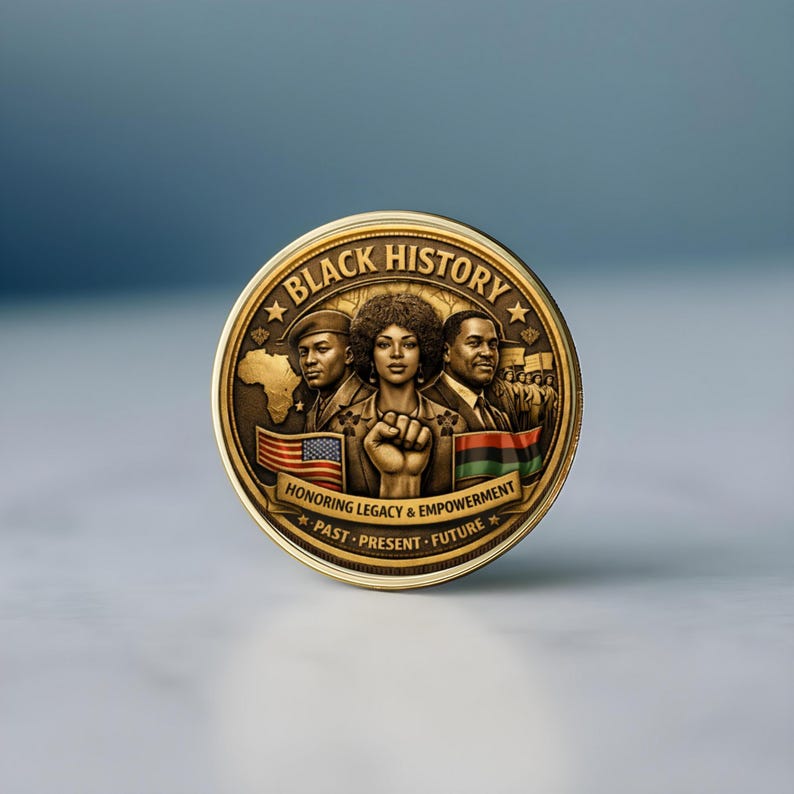 Close-up of Black History coin showing detailed relief design and antique gold finish