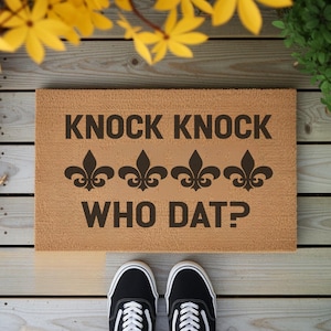 Louisiana inspired front door mat with Knock Knock Who Dat quote