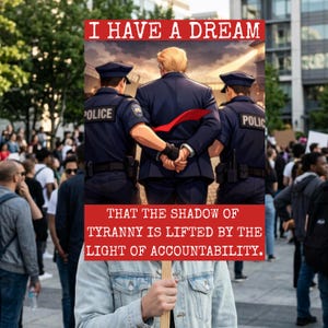 May include: A protest sign held by a person in a denim jacket. The sign features an illustration of a man in a suit between two police officers. Text on the sign reads "I HAVE A DREAM" and "THAT THE SHADOW OF TYRANNY IS LIFTED BY THE LIGHT OF ACCOUNTABILITY."