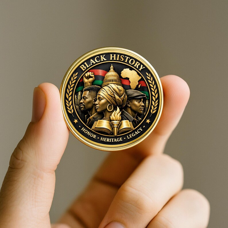 Black History commemorative coin with laser engraved design in gold and black finish, smooth edge metal collectible