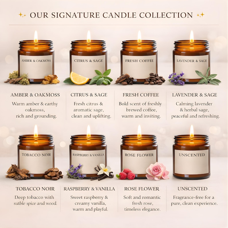 Hand poured soy candles in amber glass jars with multiple scent options
