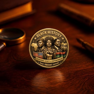 Black History Month collectible coin displayed with velvet pouch and acrylic protective case