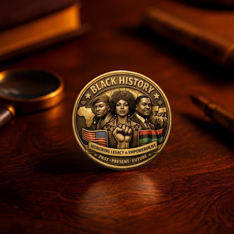 Black History Month collectible coin displayed with velvet pouch and acrylic protective case