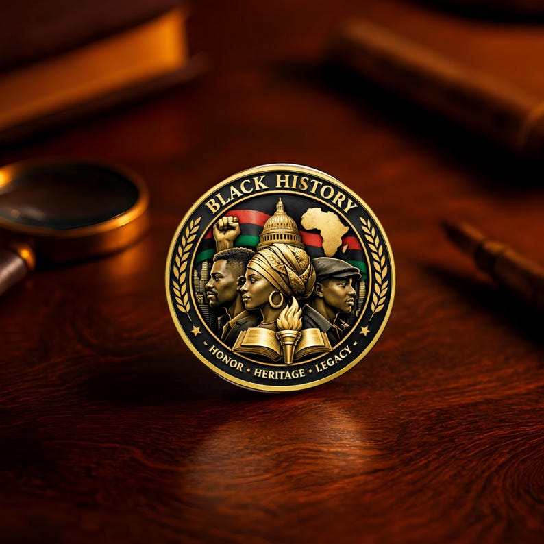 Gold tone Black History coin with black enamel background and precision laser etching, commemorative collectible
