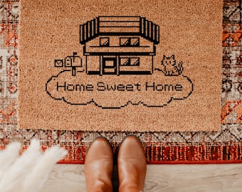 Pixel Art Home Sweet Home Doormat, Retro Gamer Welcome Mat, Geeky Housewarming Gift, Custom Coir Rug, 8-Bit Cat Lover Front Porch Decor