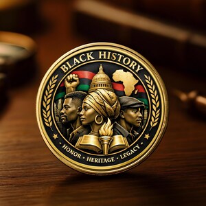 Close-up of Black History laser engraved metal coin showing detailed figures and symbolic elements on flat surface
