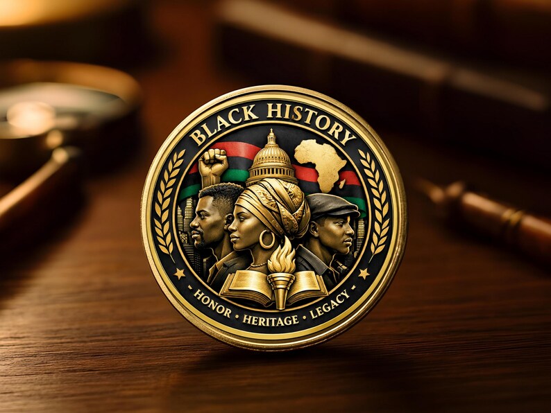 Close-up of Black History laser engraved metal coin showing detailed figures and symbolic elements on flat surface