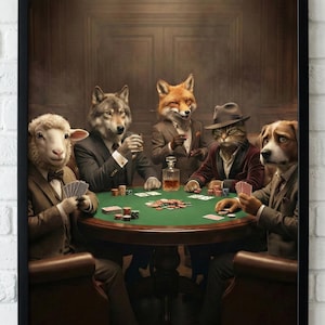 Könnte beinhalten: Gerahmter Druck, der anthropomorphe Tiere beim Pokerspiel zeigt. Ein Schaf, ein Wolf, ein Fuchs, eine Katze und ein Hund sitzen um einen grünen Tisch und tragen Anzüge. Eine Flasche Schnaps und Pokerchips sind auf dem Tisch zu sehen.