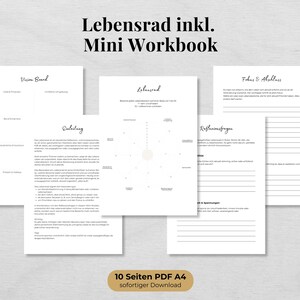 May include: A collection of white paper pages with German text, including the title "Lebensrad inkl. Mini Workbook." The pages feature headings like "Vision Board" and "Lebensrad," with lines for writing. The bottom of the image has text that reads "10 Seiten PDF A4 sofortiger Download."