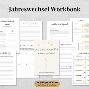 Könnte beinhalten: Eine Sammlung von druckbaren Arbeitsbuchseiten in Weiß und Beige mit dem Titel "Jahreswechsel Workbook" in Schwarz. Die Seiten enthalten Abschnitte für Finanzen, Zielverfolgung und Reflexion. Das Cover zeigt ein Mond- und Sternendesign. Der Text "33 Seiten PDF A4 sofortiger Download" ist ebenfalls sichtbar.