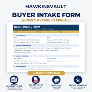 Könnte beinhalten: Eine digitale Käufer-Aufnahmeformular-Vorlage für Immobilienmakler mit dem Titel HAWKINSVAULT. Das Dokument enthält Abschnitte für Käufer-Snapshot, Motivation, Zeitplan und Budgetbereitschaft mit Kontrollkästchen und Zeilen.