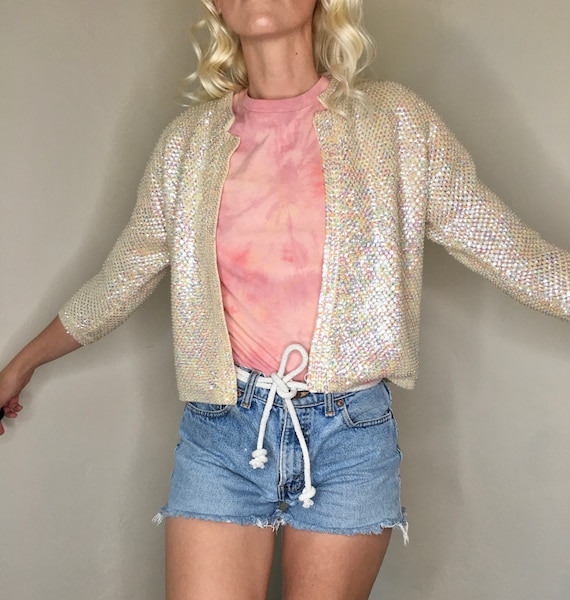 1940's iridescent sequin and beaded cropped ivory