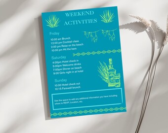 Tequila & Tanlines Bachelorette Itinerary | Tropical Weekend Schedule | Editable Canva Template | Beach Bach Printable