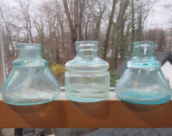 Lot of Three Different Aqua Glass Small Antique Desk Top Ink Bottles 1890's Era