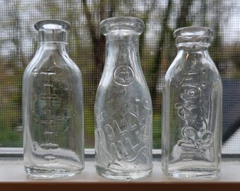 Lot of Three Doll Nursing Bottles and Bottle of Milk 1930's Era