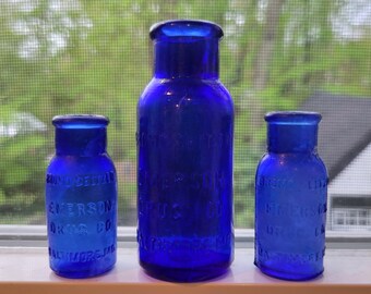 Lot of Three Small Antique Cobalt Blue Cork Top Bromo Seltzer Baltimore Bottles