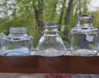 Lot of Three Different Clear Glass Small Antique Desk Top Ink Bottles 1910's - 1920's Era