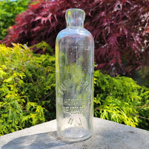 Antique Clear Glass Circa 1890's Tall Hutchinson Soda Type Bottle Turk Brothers Newark NJ