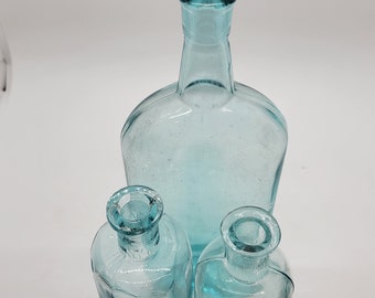 Lot of Three Cork Top Antique Aqua Medicine or Household Use Bottles 1900 - 1920 Era