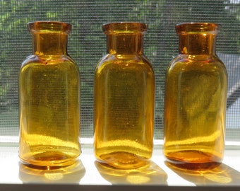Lot of Three Small Antique Cork Top Yellow Amber Bottles
