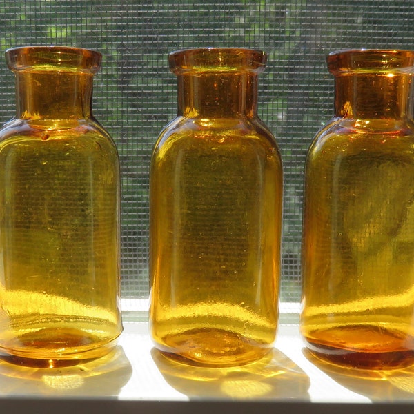 Lot of Three Small Antique Cork Top Yellow Amber Bottles