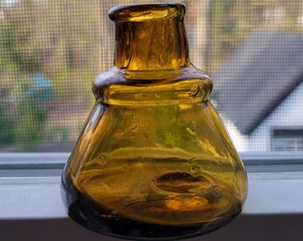 Vivid Color Mold Blown Cone Ink Bottle Amber with an Olive Green Tone