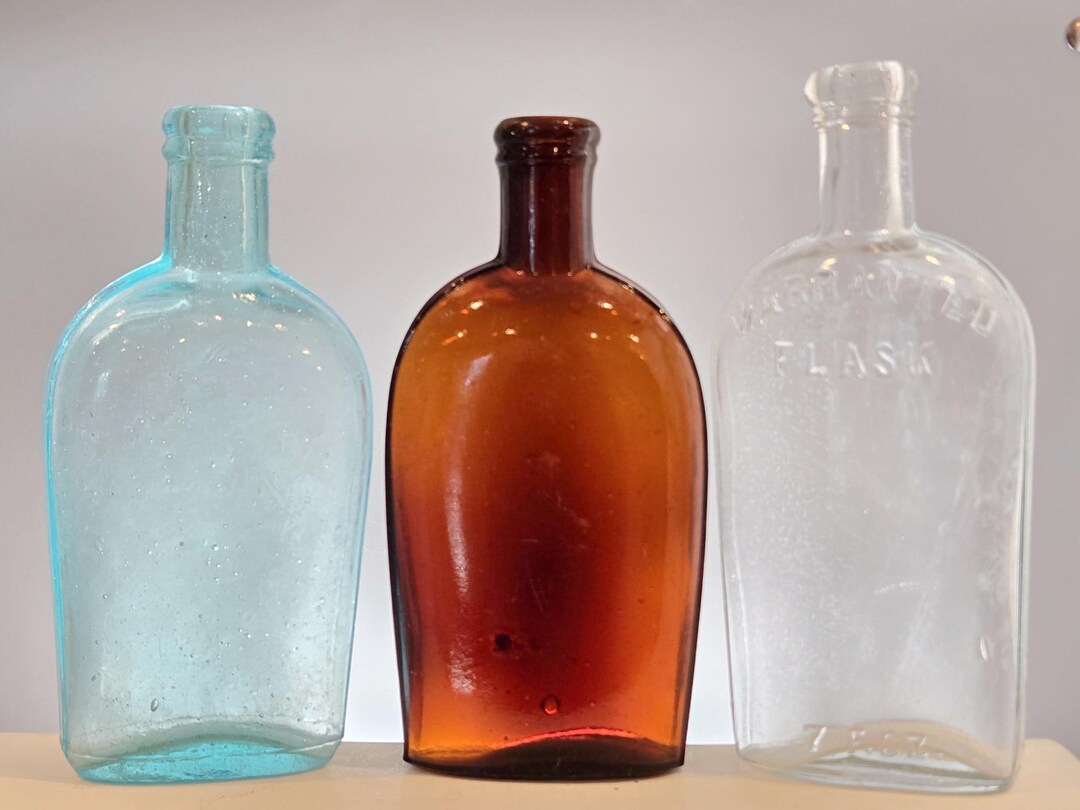 Lot of Three Half Pint Strap Side Flasks - Aqua, Amber and Clear - Etsy