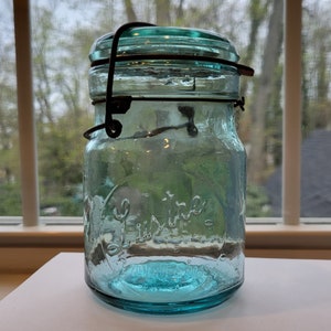 Antique Aqua Color Glass Pint Fruit Jar Lustre Philadelphia Nice Example