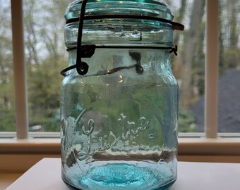 Antique Aqua Color Glass Pint Fruit Jar Lustre Philadelphia Nice Example