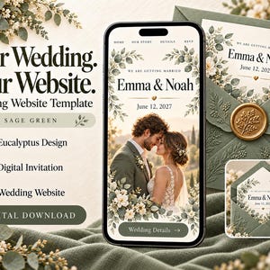 Sage Green Wedding Website Template, Minimalist Eucalyptus Digital Invitation (Digital Download)