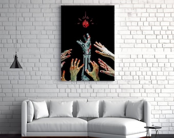 May include: A canvas print featuring a surreal scene with a mechanical arm reaching for a glowing red gem against a black background. Several hands surround the arm, creating a dramatic composition. The artwork is displayed on a white brick wall.