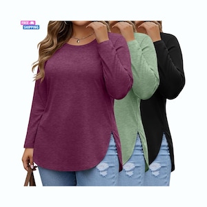 May include: Three long-sleeved tops in burgundy, sage green, and black. Each has a rounded neckline and a split hem. The shirts are shown on a person wearing blue jeans.