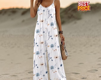 Mono de mujer estilo boho estampado de pierna ancha, mono informal sin mangas de una pieza.