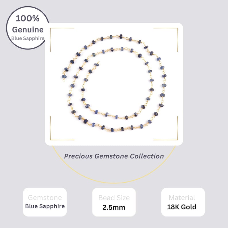 18K gold blue sapphire chain with ruler showing measurement per foot and bead sizes