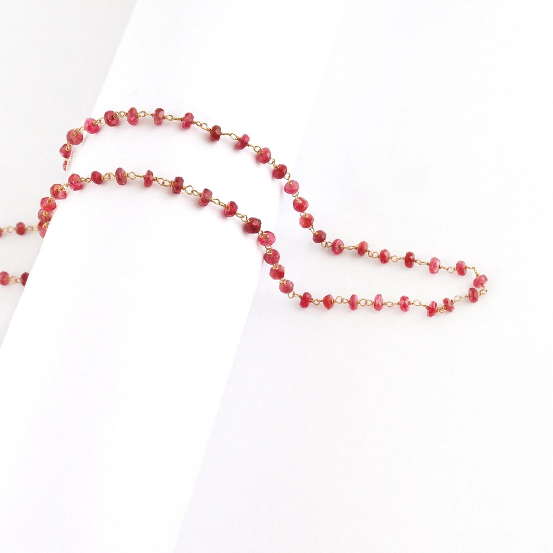 18K Solid Gold Ruby Rosary Chain by Inch 3mm Natural Ruby Beads Wire ...