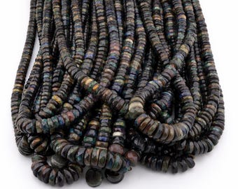 Black Ethiopian Opal Wheel Heishi Beads, Faceted Welo Fire Opal Disc Strand, AAA Gemstone, October Birthstone Boho Jewelry Making