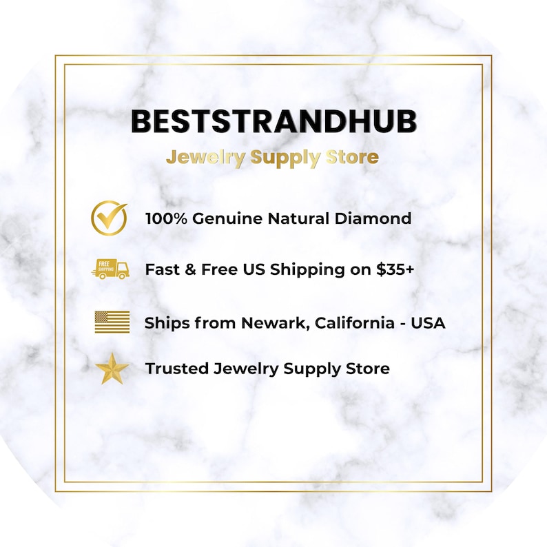 K&ouml;nnte beinhalten: Ein wei&szlig;er und goldfarbener gerahmter Grafik mit dem Text "BESTSTRANDHUB Jewelry Supply Store". Zus&auml;tzlicher Text enth&auml;lt "100% Genuine Natural Diamond" und "Trusted Jewelry Supply Store".