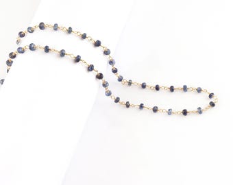 18K Solid Gold Blue Sapphire Rosary Chain By Inch Natural Sapphire Beads Wire Wrapped Gemstone Fine Jewelry Supply