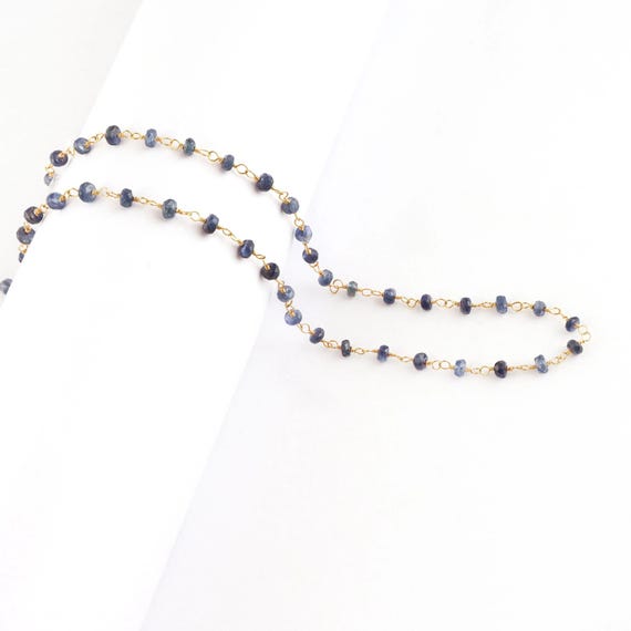 18K Solid Gold Blue Sapphire Rosary Chain By Inch Natural Sapphire Beads Wire Wrapped Gemstone Fine Jewelry Supply