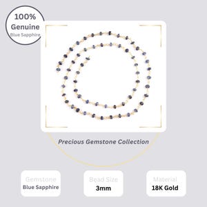 18K solid gold sapphire rosary chain displaying deep blue gemstones against gold wire