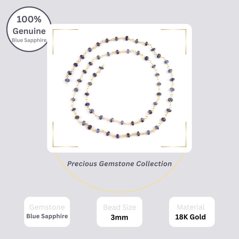 18K solid gold sapphire rosary chain displaying deep blue gemstones against gold wire