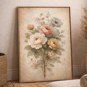 May include: A framed floral print featuring a bouquet of roses in shades of cream, peach, and yellow, with green foliage. The artwork has a vintage, watercolor style and is set against a beige background.
